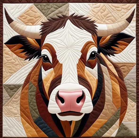 Quilted fabric art portrait of a bull with brown and white face and curved horns