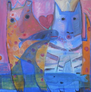 Abstract folk art painting of two colorful whale creatures with hearts and decorative patterns