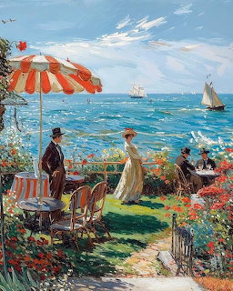 Impressionist painting of people on a seaside garden terrace with red flowers, striped umbrella, and sailboats in the distance.