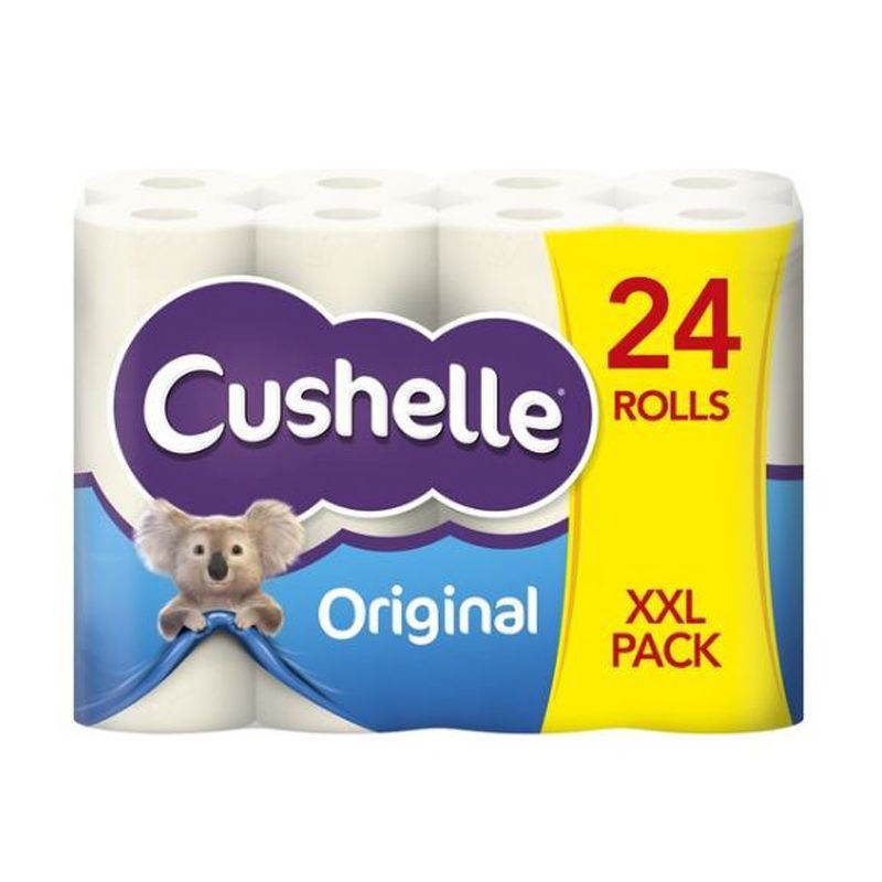 Pack of toilet paper rolls in blue and yellow wrapping on a plain background