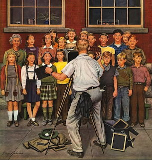Illustration of a photographer taking a school group photo of children outside a brick building