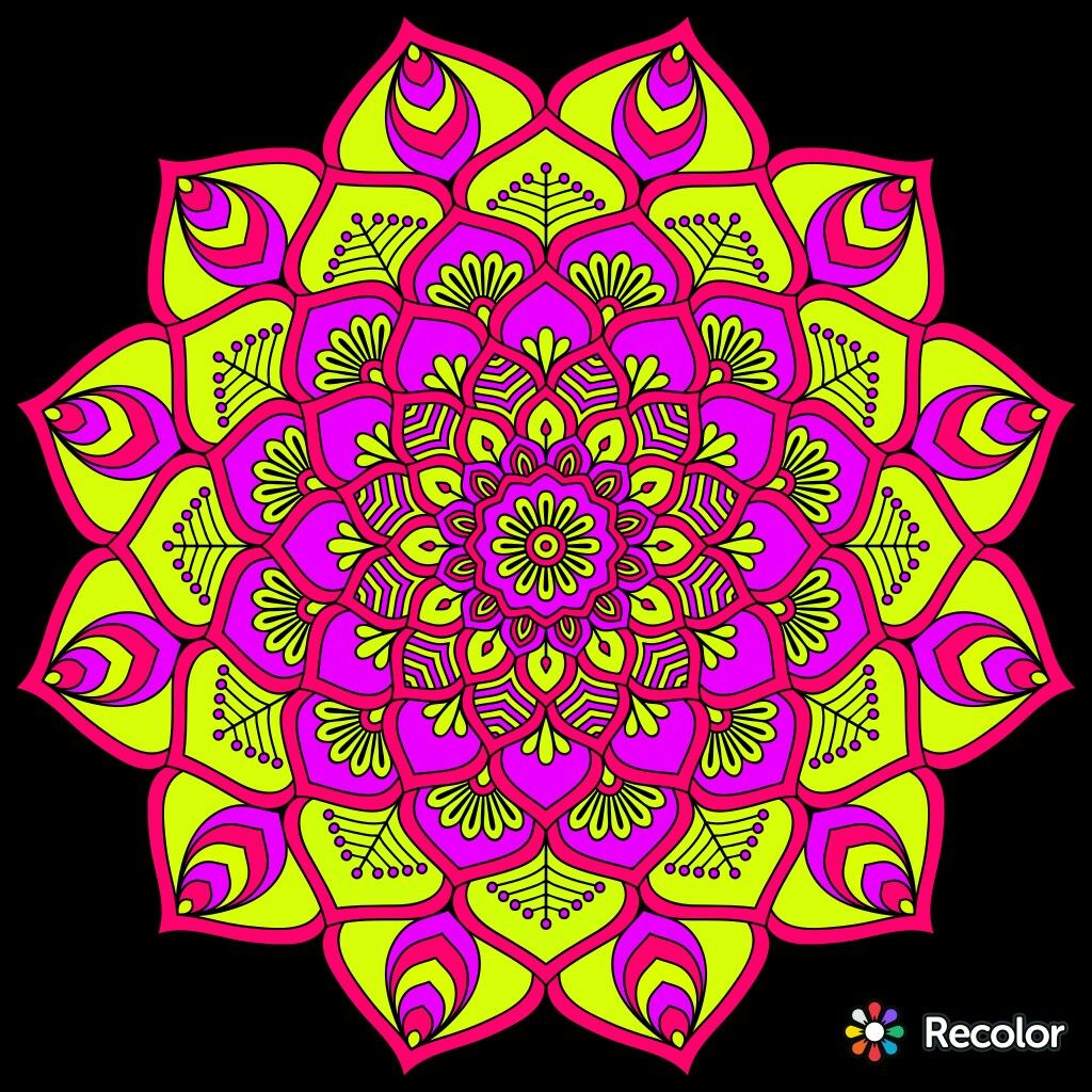 Colorful symmetrical mandala with layered geometric patterns in magenta, yellow and orange on black