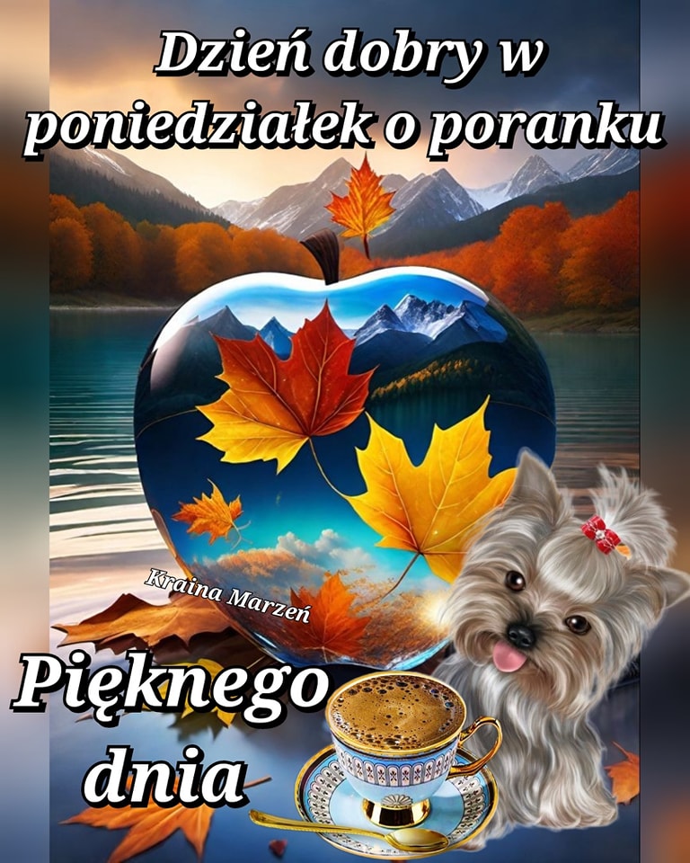 Polish morning greeting card with autumn apple, maple leaves, small fluffy dog, and coffee cup