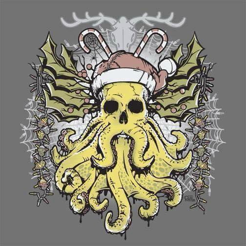 Illustration of a Cthulhu-like skull with tentacles wearing a Santa hat, with holly and snowflakes