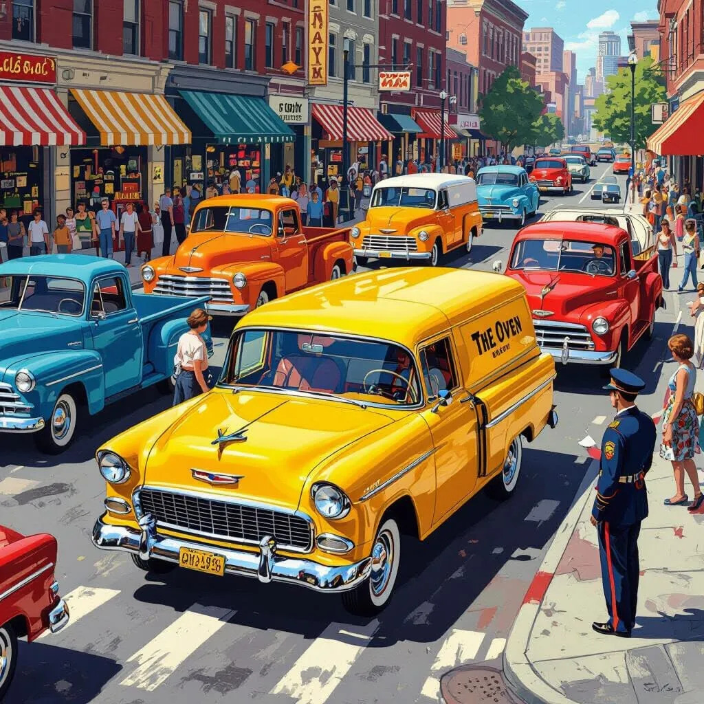 Illustrated city street with colorful vintage cars and a yellow classic delivery car leading traffic