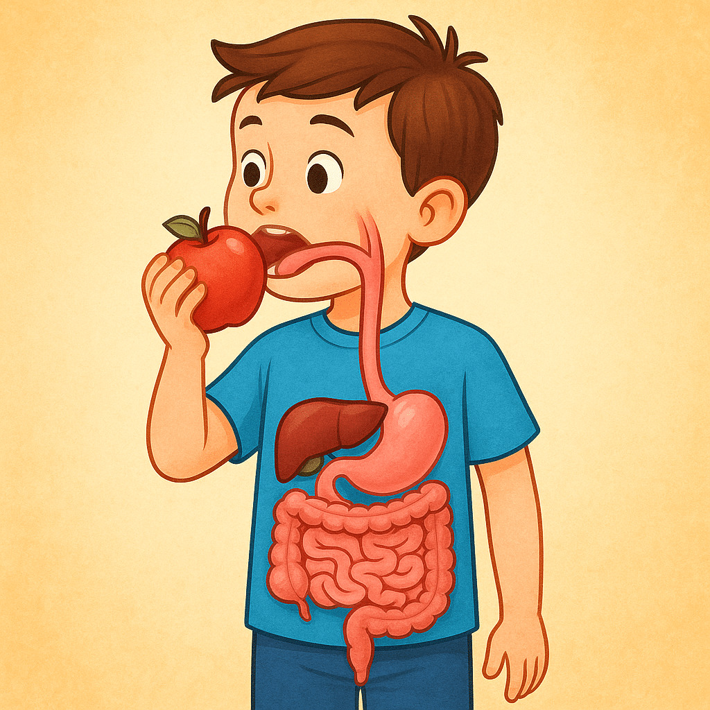 Cartoon boy eating an apple with visible digestive organs in his torso