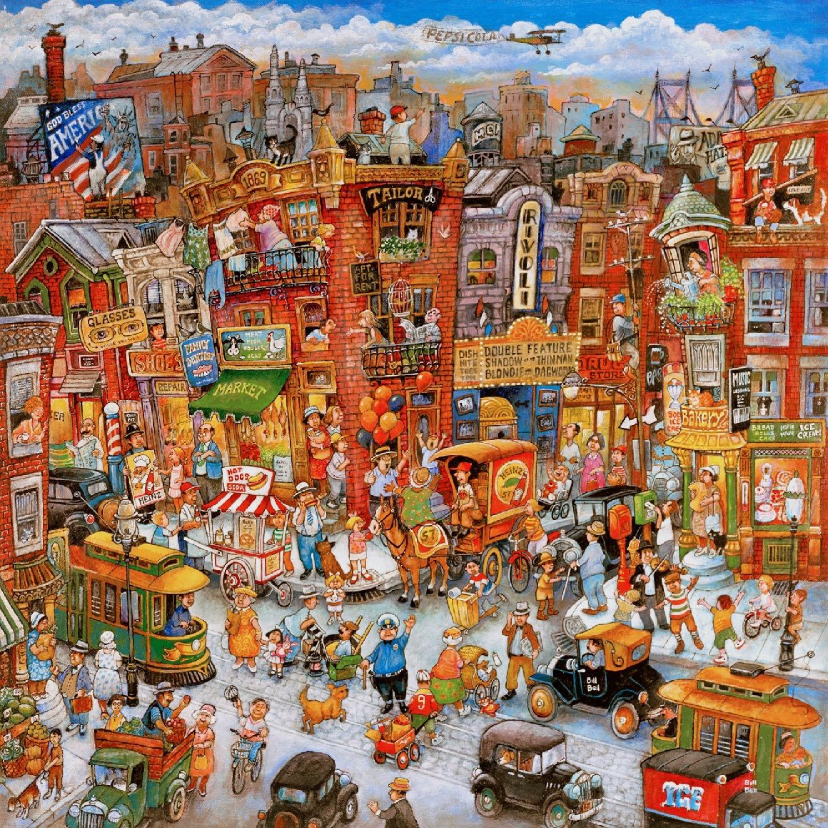 Colorful cartoon city street scene with crowds, vintage cars, trams, and brick buildings