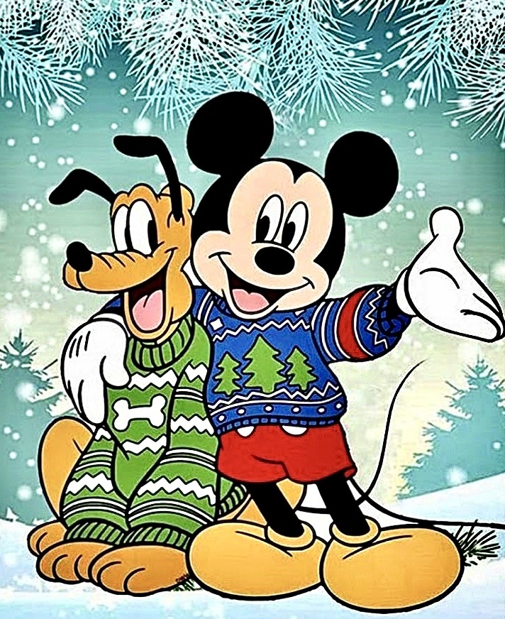 Mickey Mouse and Pluto wearing colorful patterned sweaters in a winter scene with snow and pine branches