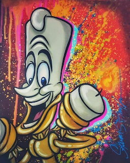 Graffiti-style painting of Lumiere candelabra character with colorful paint splatter background