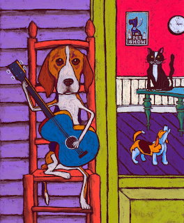 Folk art painting of beagle with guitar on rocking chair, cat in window, vibrant colors