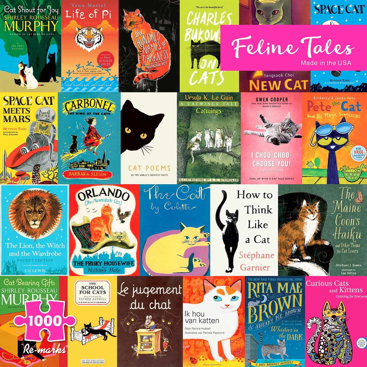 Grid collage of approximately 30 cat-themed book covers in various colors and illustration styles