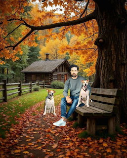 Boy sitting on bench with two dogs in autumn yard with orange and yellow leaves and log cabin
