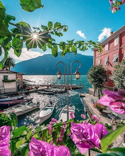 Small boats in Limone sul Garda harbor with pink bougainvillea flowers, colorful buildings, and lake mountains