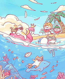 Cartoon beach party with kids on flamingo float, palm tree, and underwater coral scene