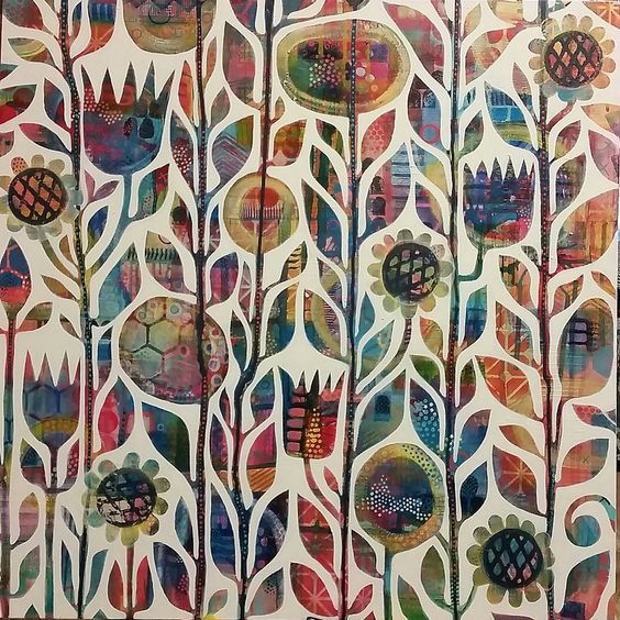 Colorful abstract folk art pattern with stylized flowers and leaves in mixed media style