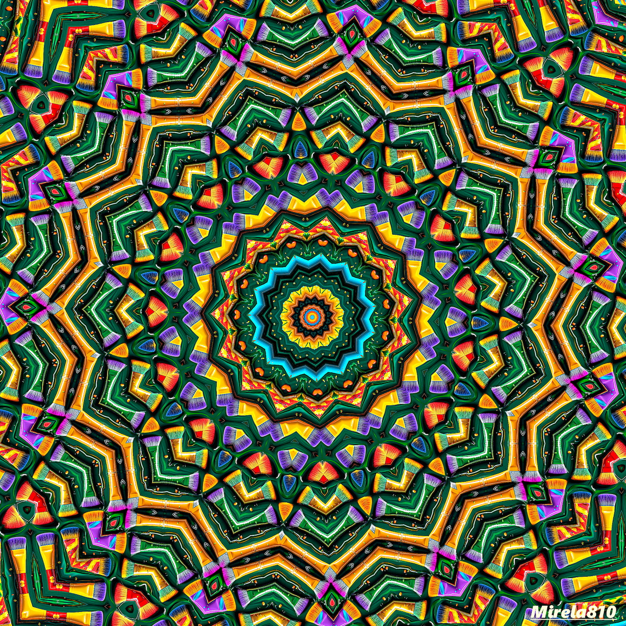 Vibrant geometric mandala with concentric rainbow patterns and symmetrical star-like shapes radiating from center