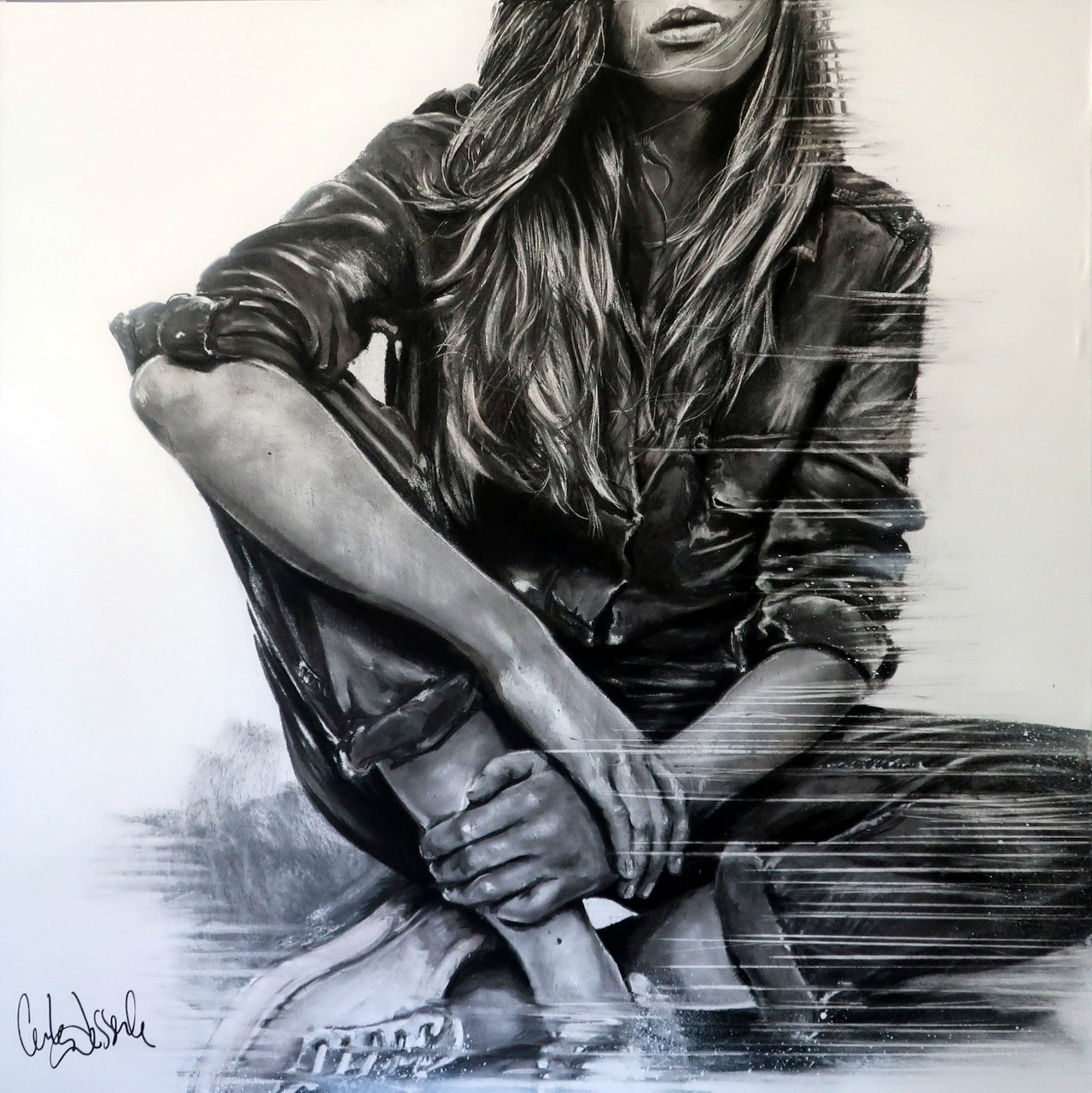 Black and white drawing of woman in leather jacket sitting with crossed arms