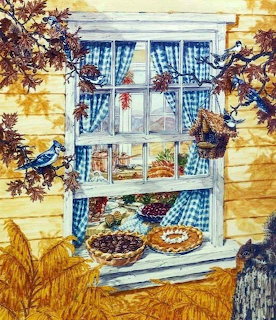 Painting of cakes in a cottage window with autumn leaves and a blue bird