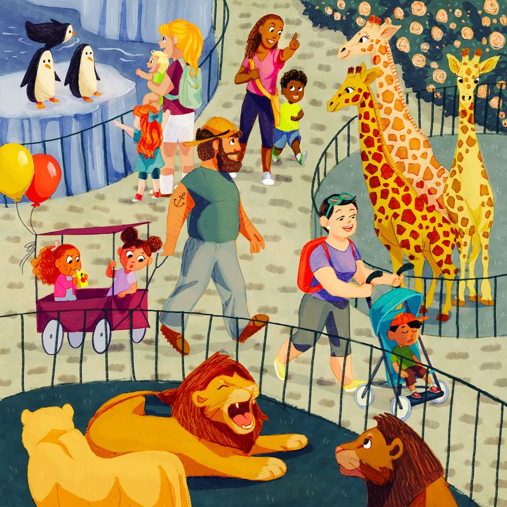 Illustrated zoo scene showing visitors observing various animals including giraffes, lions, and penguins in their enclosures