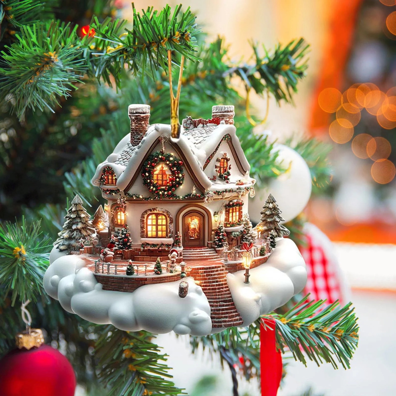 Miniature illuminated house ornament hanging on a Christmas tree branch
