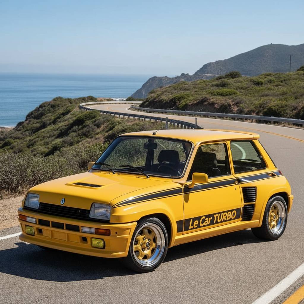 Yellow vintage hatchback on a winding coastal road beside the ocean
