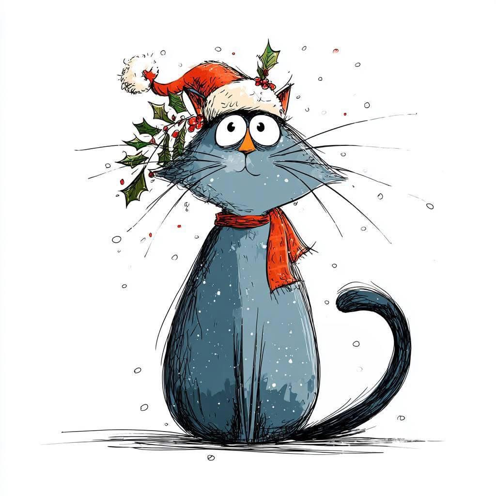 Cartoon cat in Santa hat and red scarf with holly and snowflakes