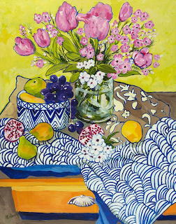 Colorful still life painting with pink tulips in a vase, fruit, shells, and blue wave-patterned cloth