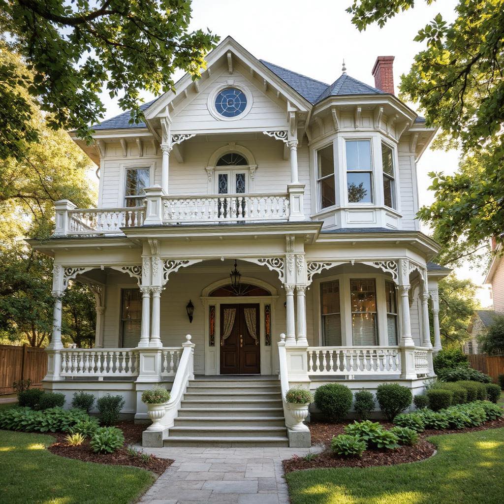 Large white Victorian house with ornate porch, steps, and landscaped garden in front