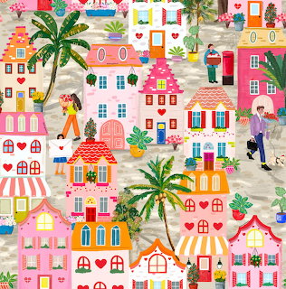 Colorful illustrated village with pastel houses, palm trees, flowers, and a few people