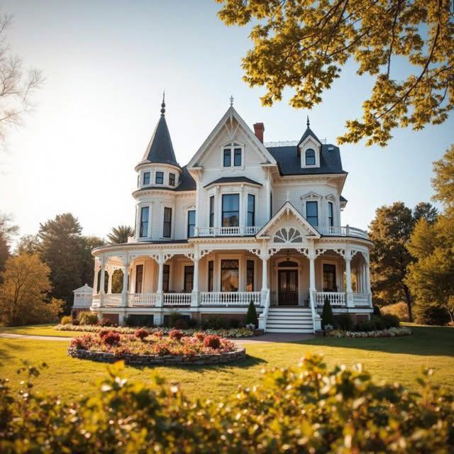 White Victorian house with turrets, porch, and manicured lawn in golden sunlight