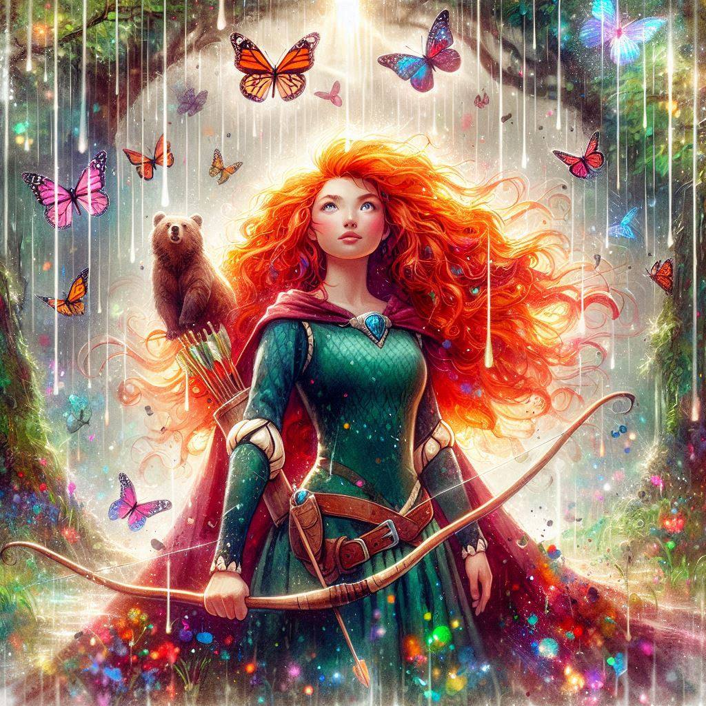 Fantasy archer woman with flowing red hair and bear in enchanted forest with butterflies