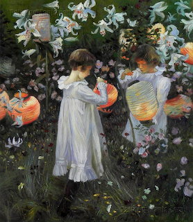 Painting of two girls in white dresses holding lanterns among lilies and roses in a garden