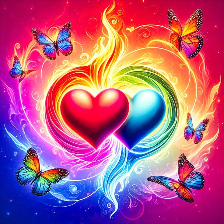 Two glowing hearts encircled by rainbow flames and butterflies on gradient background