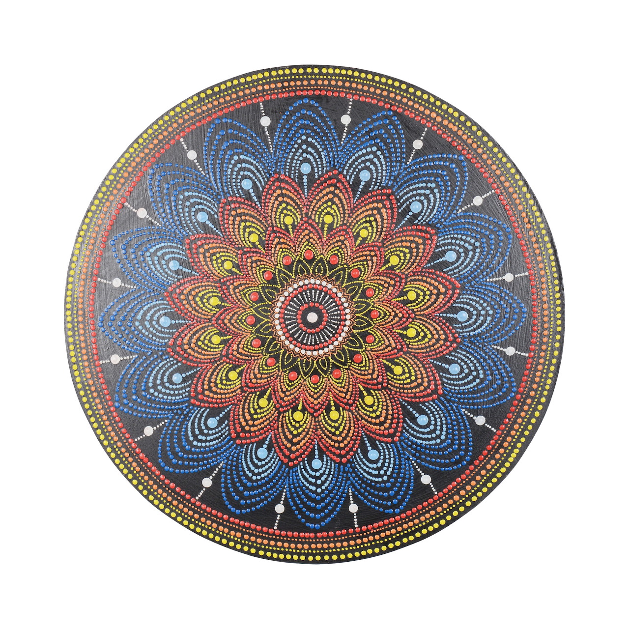 Detailed circular mandala with radiating blue, gold and red petals in symmetrical pattern