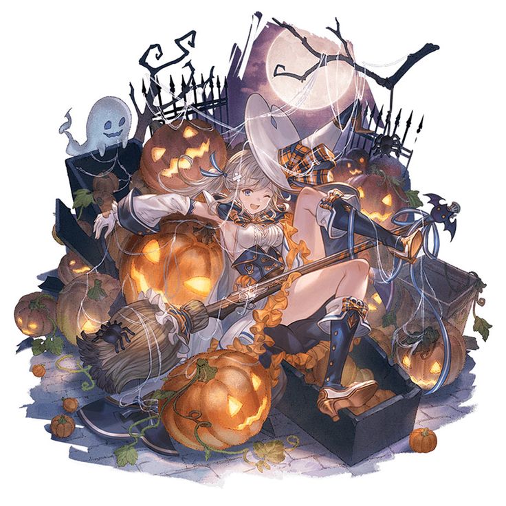 Anime girl in witch hat sitting among carved pumpkins and Halloween decorations with magical glow