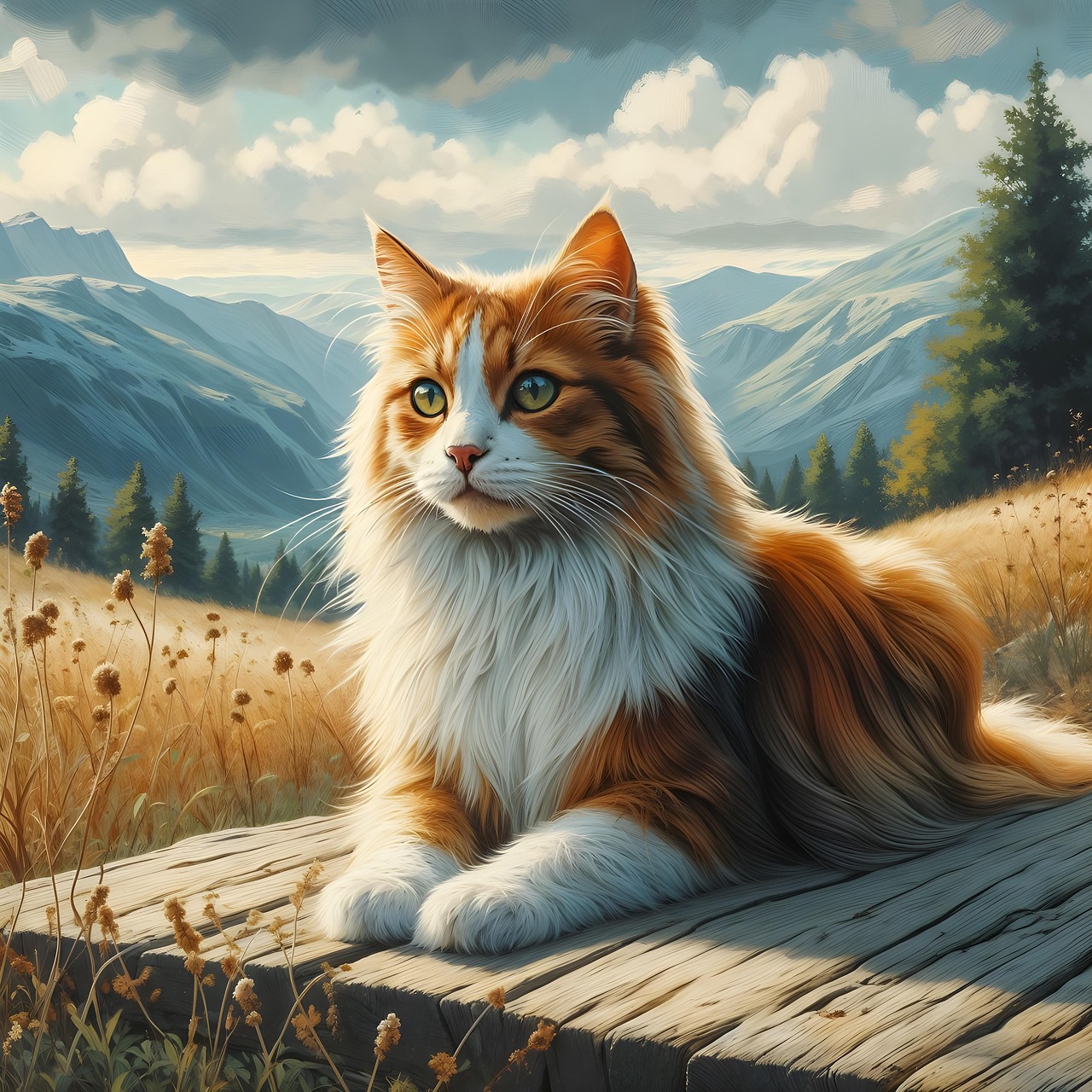 Orange and white long-haired cat sitting outdoors with mountains and clouds behind
