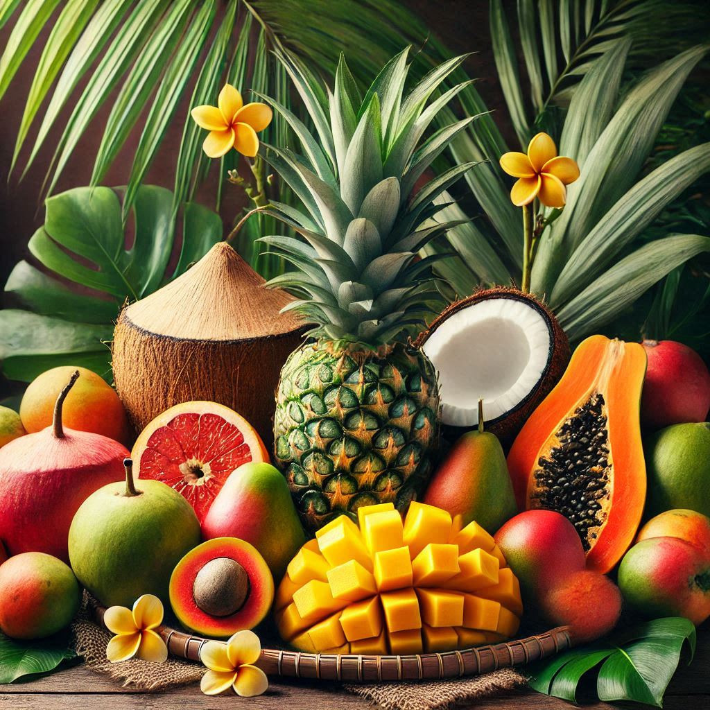 Colorful tropical fruit arrangement with pineapple, mango, papaya, coconut, grapefruit, and palm leaves