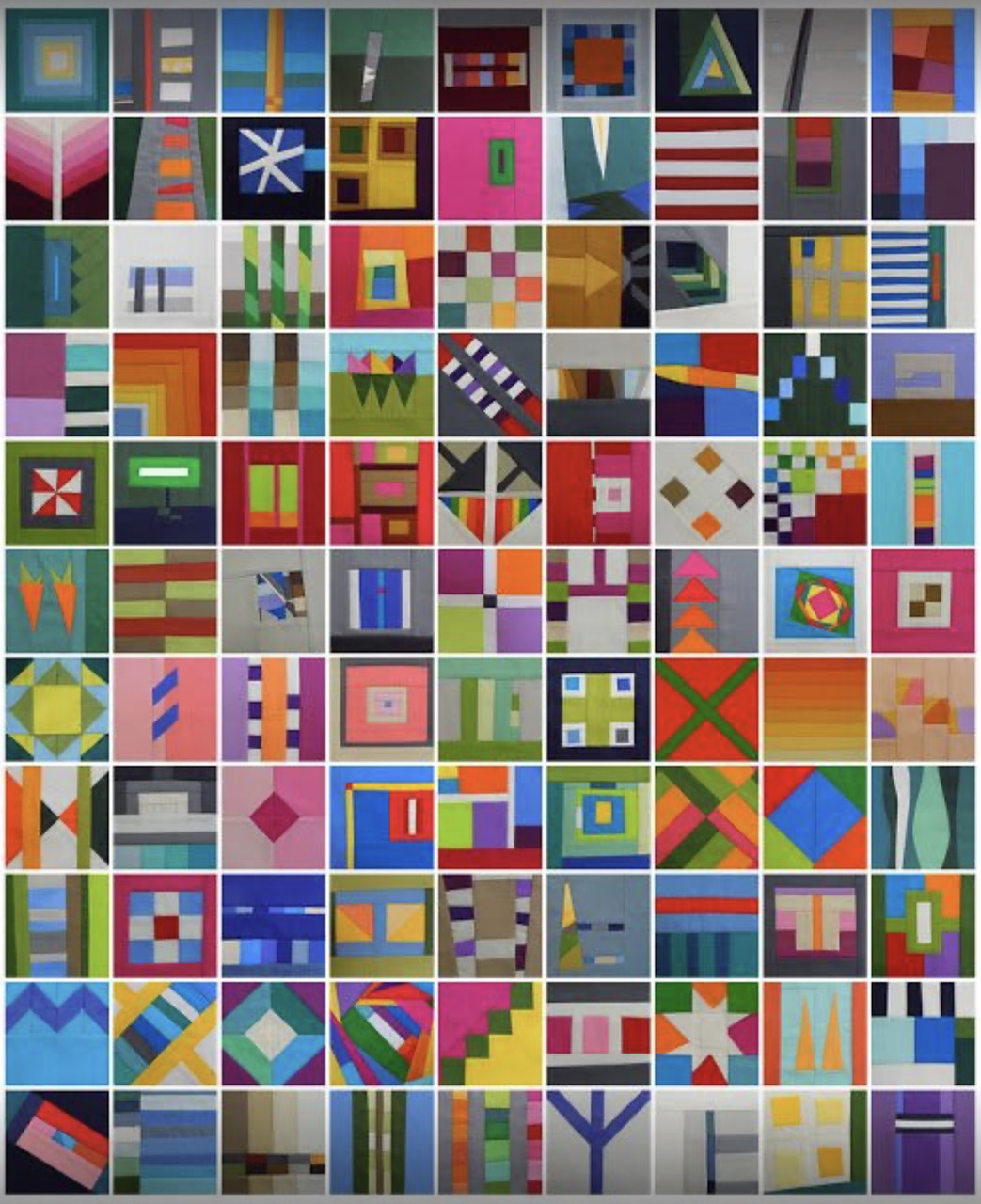 Grid of colorful geometric abstract art squares with various shapes and patterns