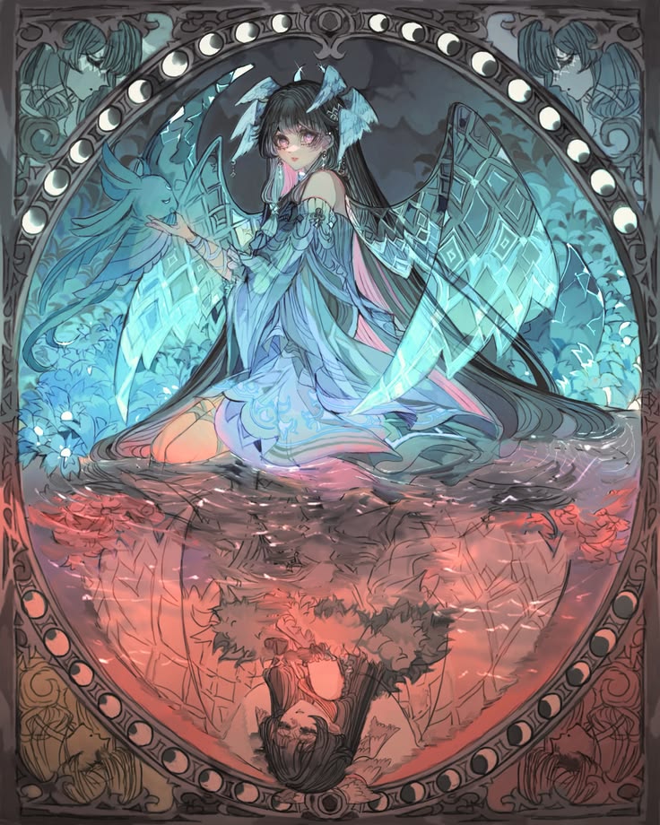 Anime character with blue butterfly wings in ornate oval frame with mirrored lower half