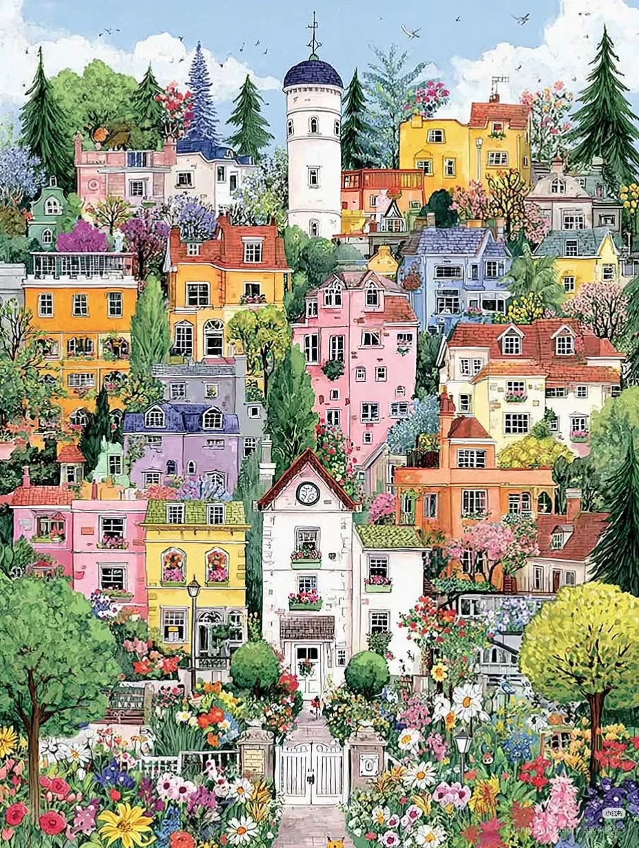 Colorful illustrated village houses on a hillside with trees and a flower-filled garden