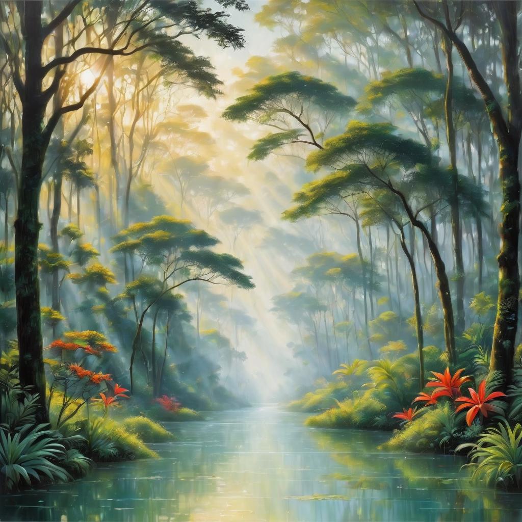 Painting of a misty tropical forest with a calm river, tall trees, and colorful flowers along the banks
