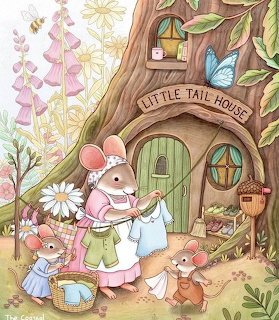 Illustration of mouse family standing outside their cozy tree house home with green door and flowers