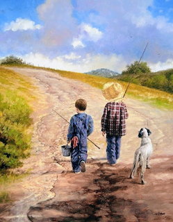 Painting of two children walking on a dirt road with fishing poles and a dog