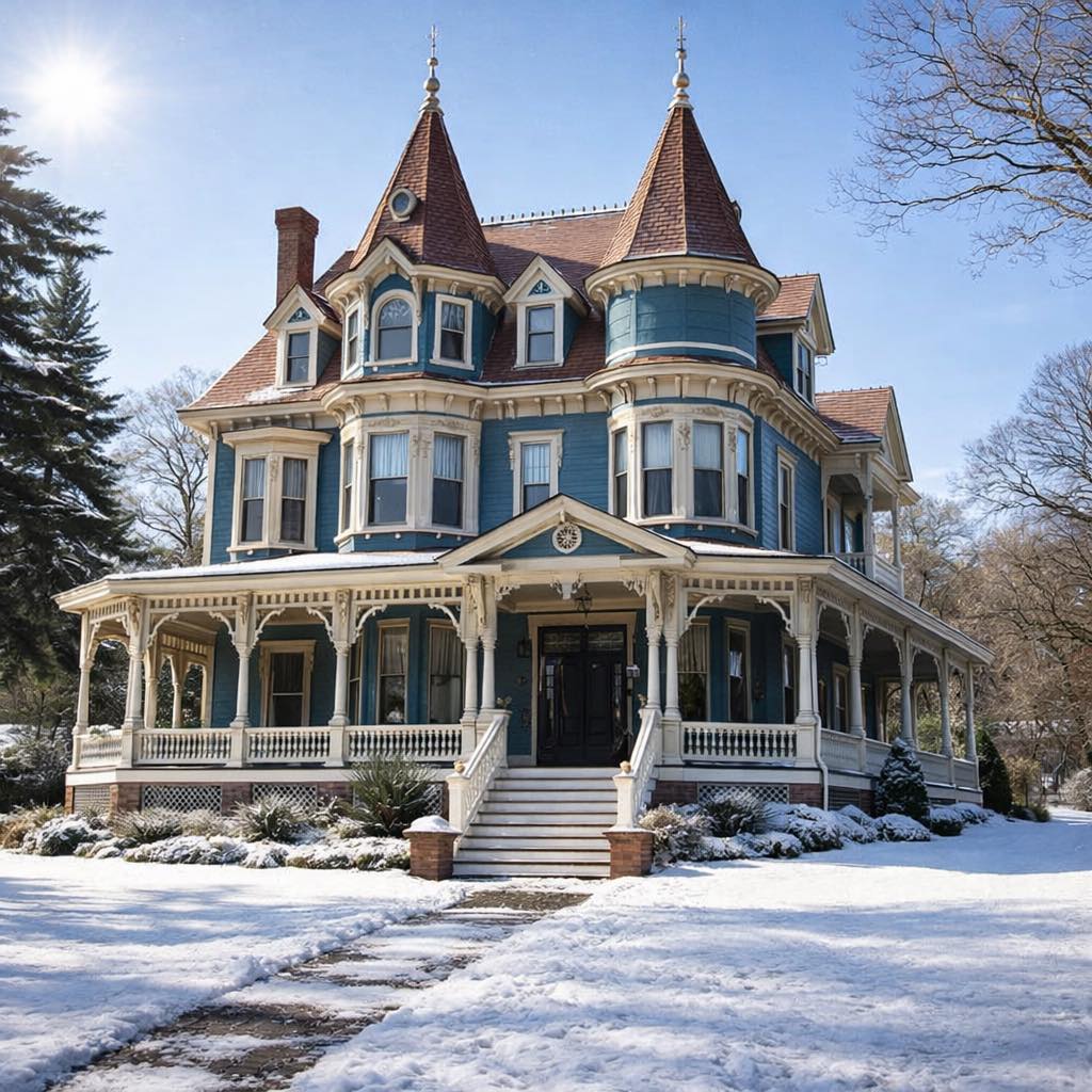 Victorian mansion with turrets and ornate porch surrounded by snow-covered lawn and evergreen trees