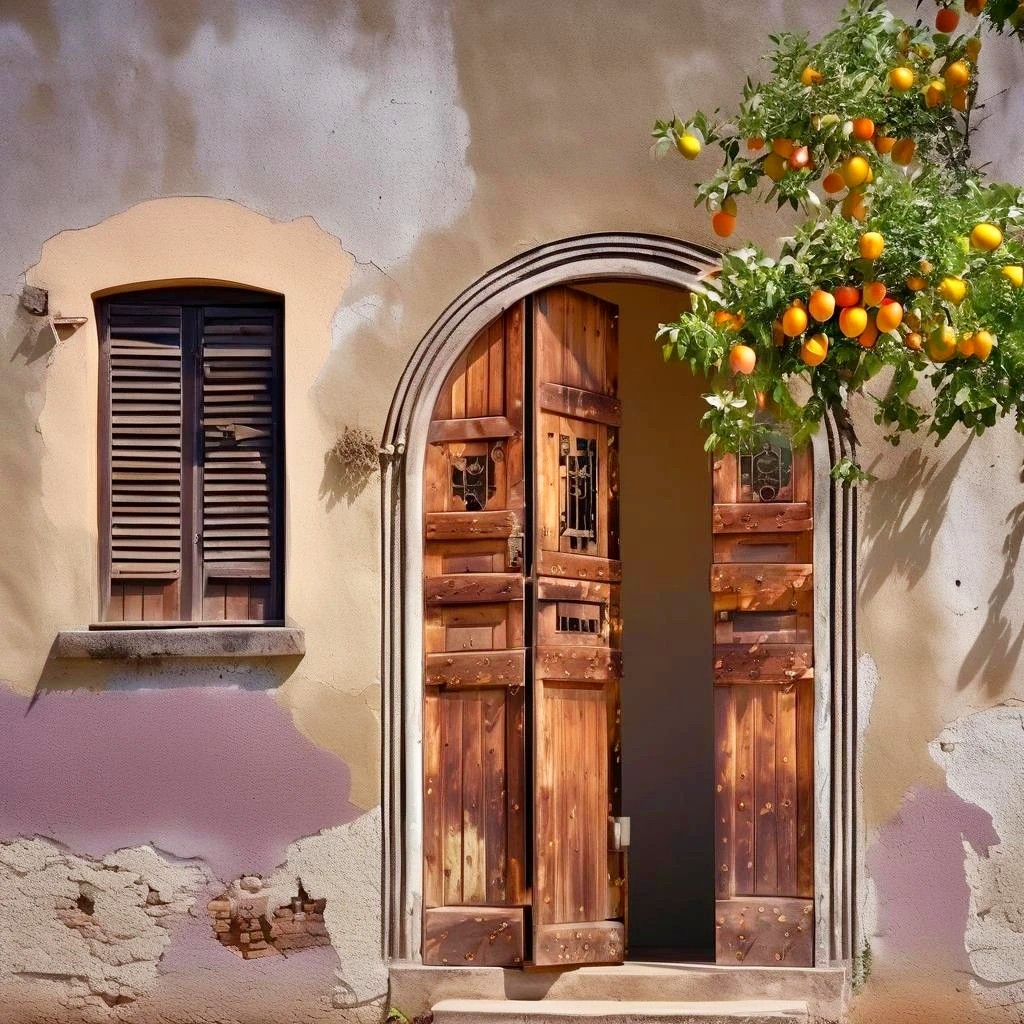Rustic wooden door with orange tree beside shuttered window on weathered Mediterranean building facade