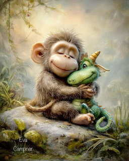 Cute cartoon monkey hugging a small green dragon on a rock in a soft fantasy setting