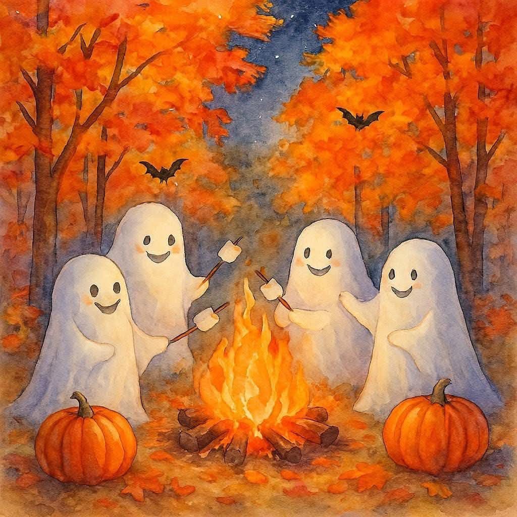 Four friendly ghosts sitting around campfire with pumpkins in autumn forest at night