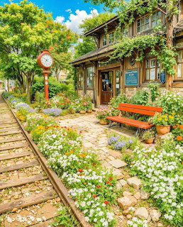 Flower-covered train station platform with orange bench, clock, and blooming white flowers beside railway tracks