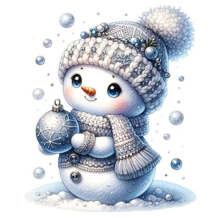 Cute snowman wearing a knitted hat and scarf, holding a blue ornament on a snowy white background