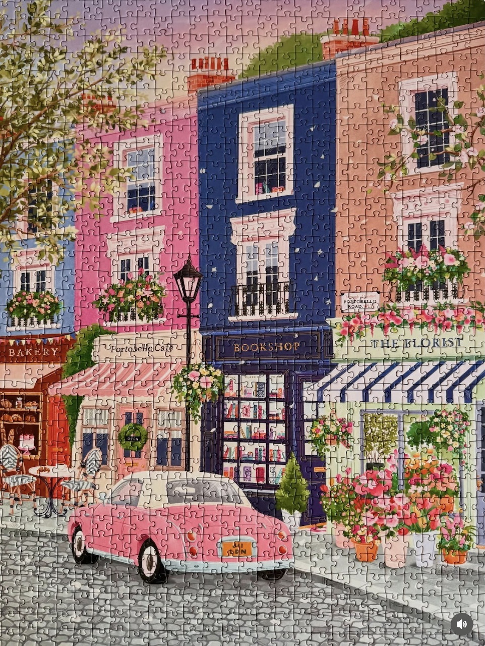 Illustrated street scene with a blue bookshop, pink car, florist shop, and colorful buildings with flowers
